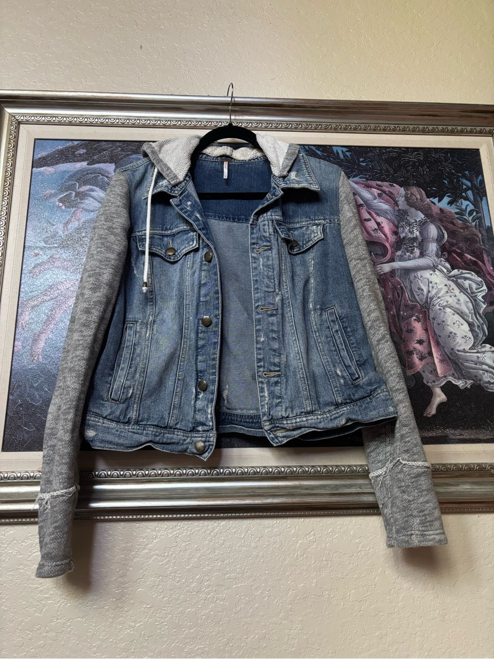 Free People denim jacket with knit hoodie in blue and gray
